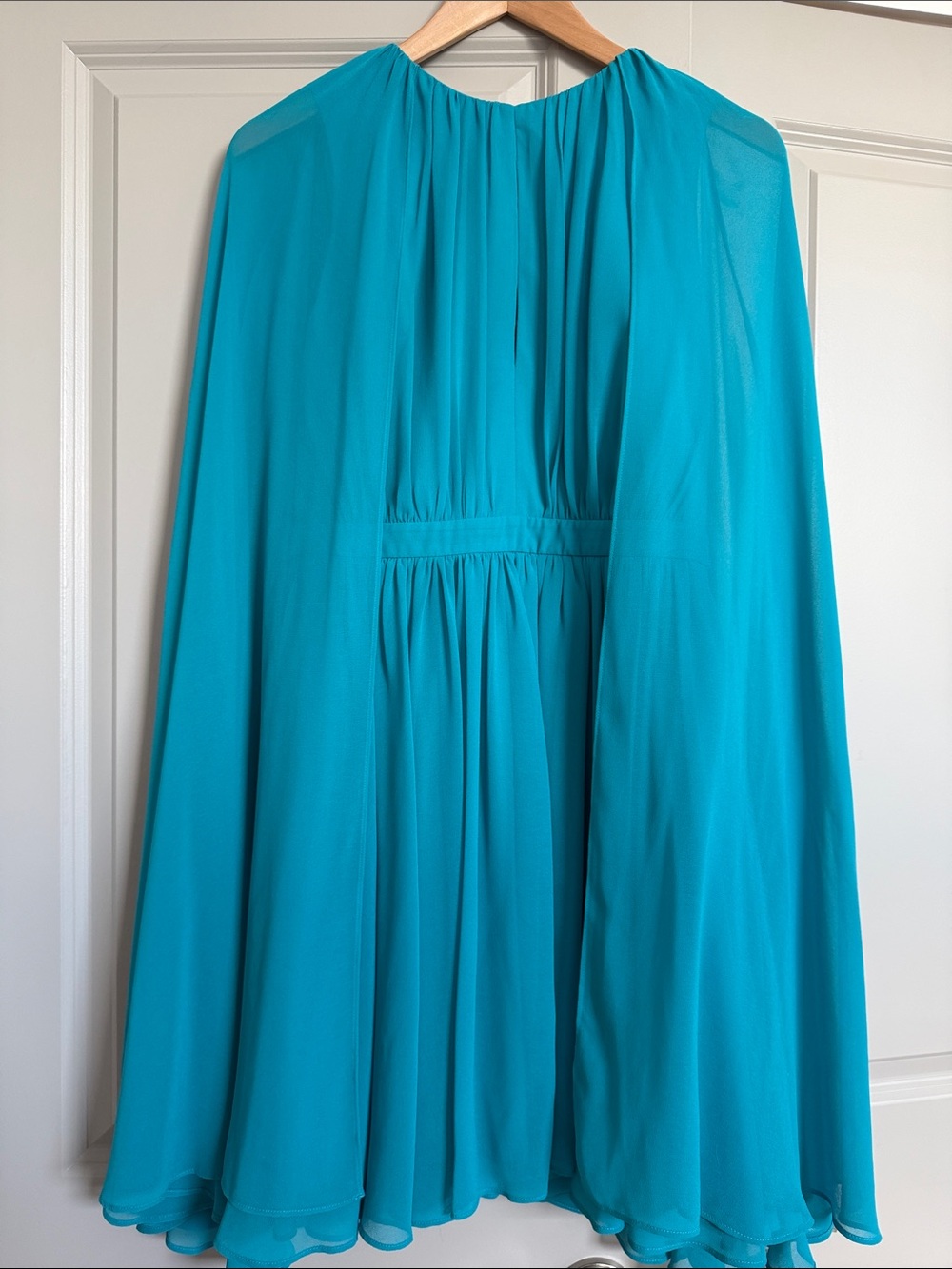 Halston Josie Shirred Cape Dress Turquoise Sz 4
